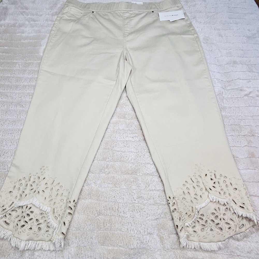 Intro Love the Fit 22W Womens Ecru Beige Pull On Pants Eyelet Embroidered Detail
